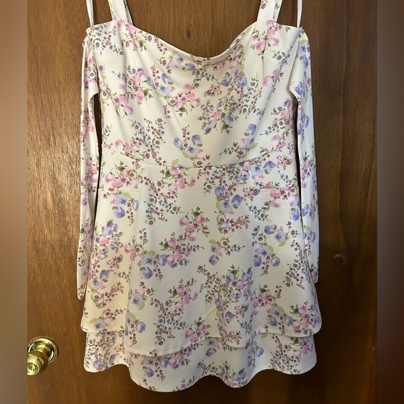 City Studio White with Purple Floral Flounce Dress with Back Tie - Picture 7 of 7